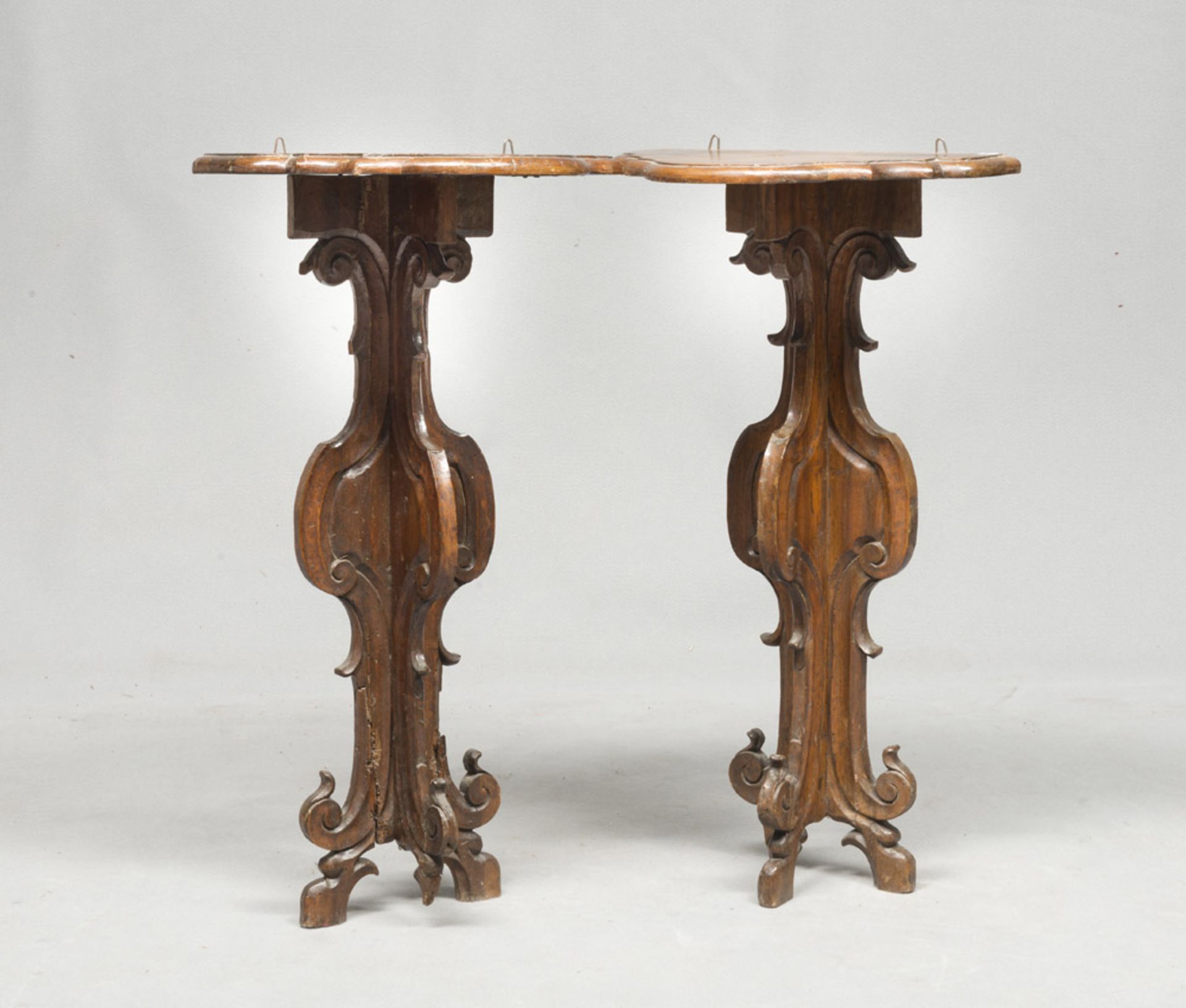 A PAIR OF SMALL WALNUT-TREE CONSOLES, ANCIENT ELEMENTS