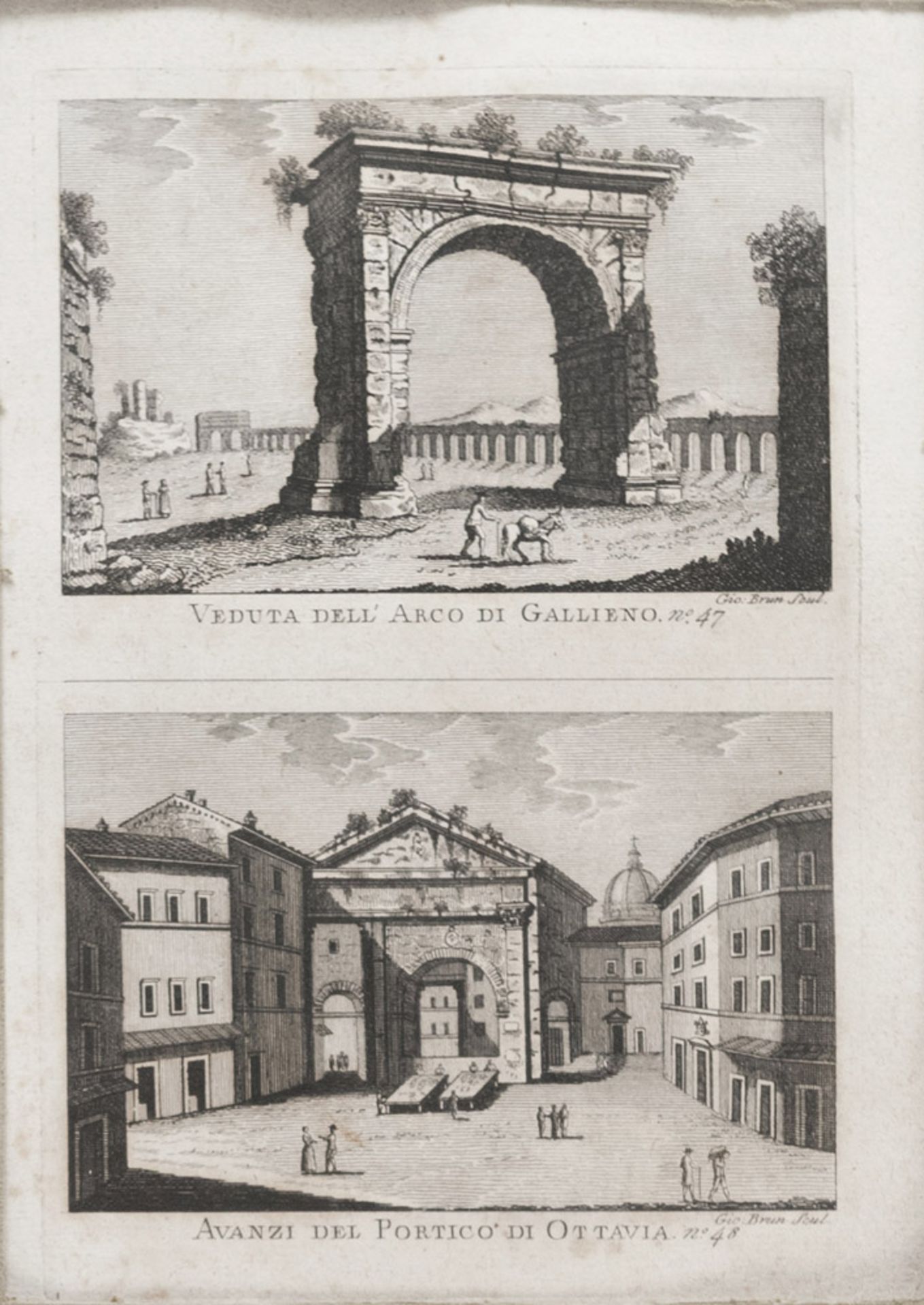 Italian engraver, late 18th century. Views of Rome. Six prints in three sheets, cm. 10 x 14.INCISORE - Bild 2 aus 3