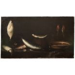 Elena Recco, att. to (Naples 17th - 18th century). Inner kitchen with still-life of fishes. Oil on