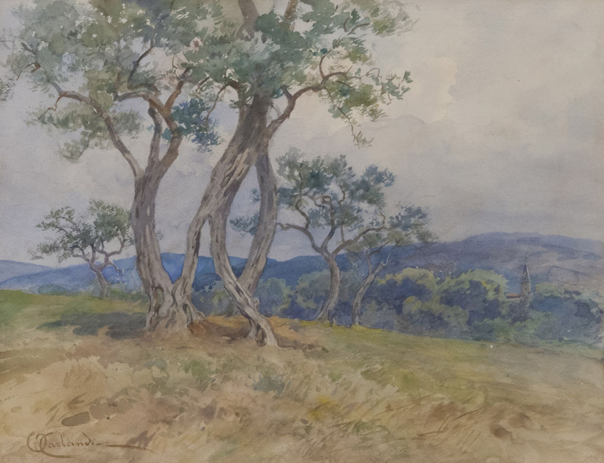 Onorato Carlandi (Rome 1848 - 1939). Trees in the hill.