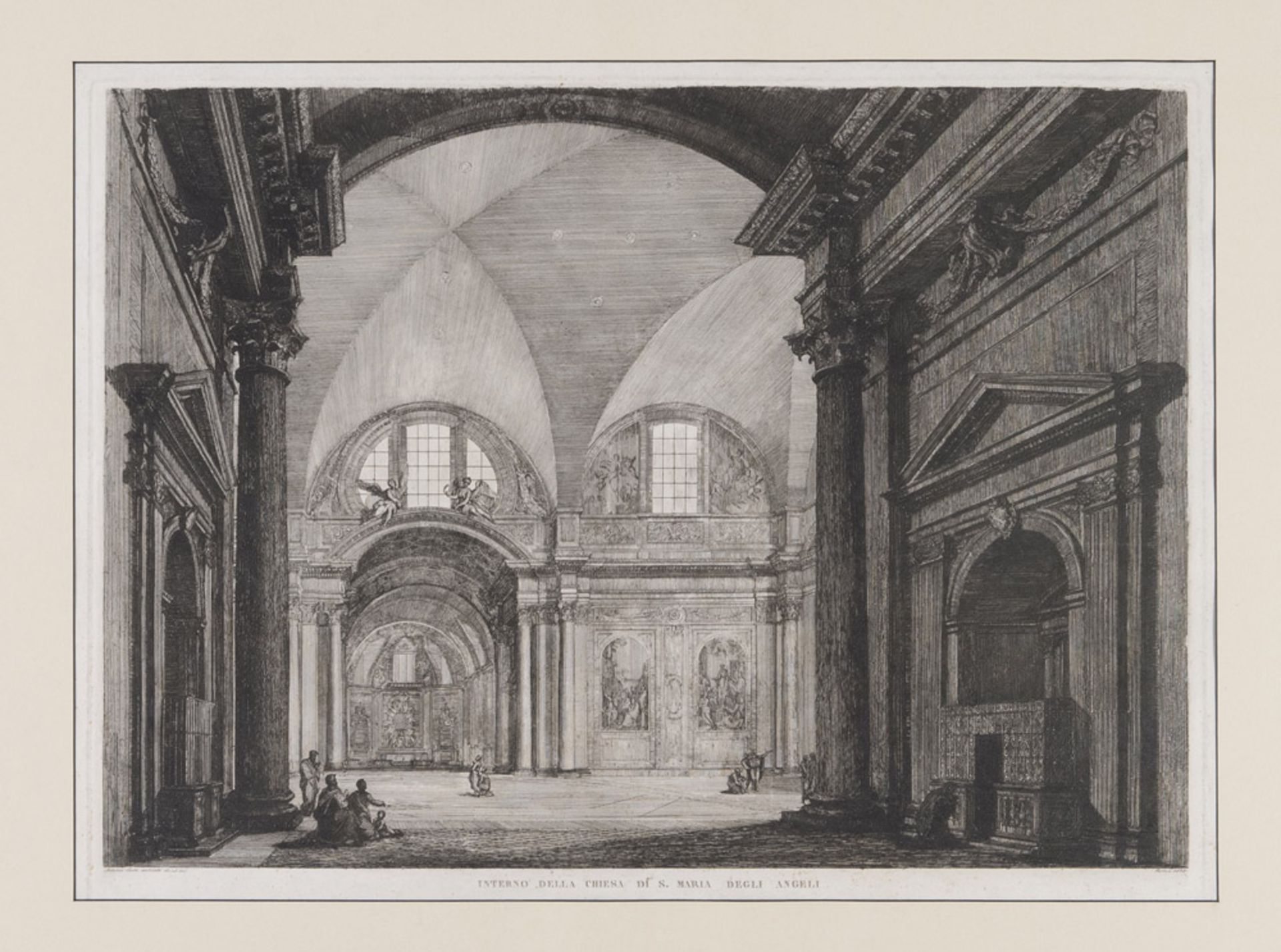 ITALIAN ENGRAVER, 19TH CENTURY INSIDE OF THE CHURCH OF SANTA MARIA DEGLI ANGELI Etching, cm. 54 x 70