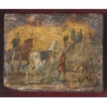 MANNER OF FIFTEENTH CENTURY, 20TH CENTURY RIDERS AND DOGS IN LANDSCAPE Oil on panel, cm. 15,5 x 20