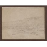 Italian painter, late 19th century. View of coastal city. Pencil on yellow paper, cm. 25 x 34.