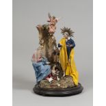 Nativity with wood's figures, rope and essences and bell with base in ebony wood, 20th century