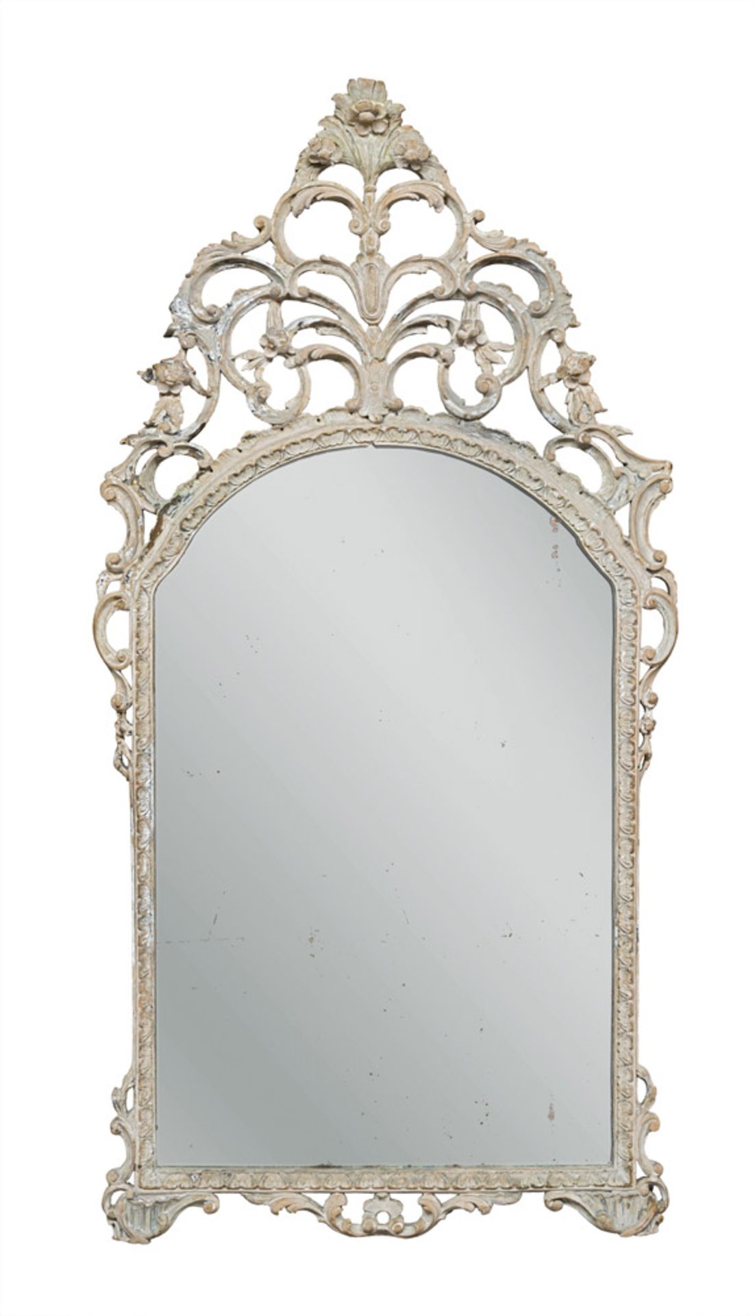 GREY LACQUER WOOD MIRROR, PROBABLY GENOA, EARLY 19TH CENTURY graven to vegetable volutes, leaves and