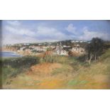 Early 20th century painter. Coastal landscape with village. Crayons on cardboard, cm. 29 x 46.