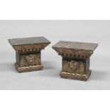 Pair of lacquered wooden shelves complete with post-marble planks, central Italy 18th century.