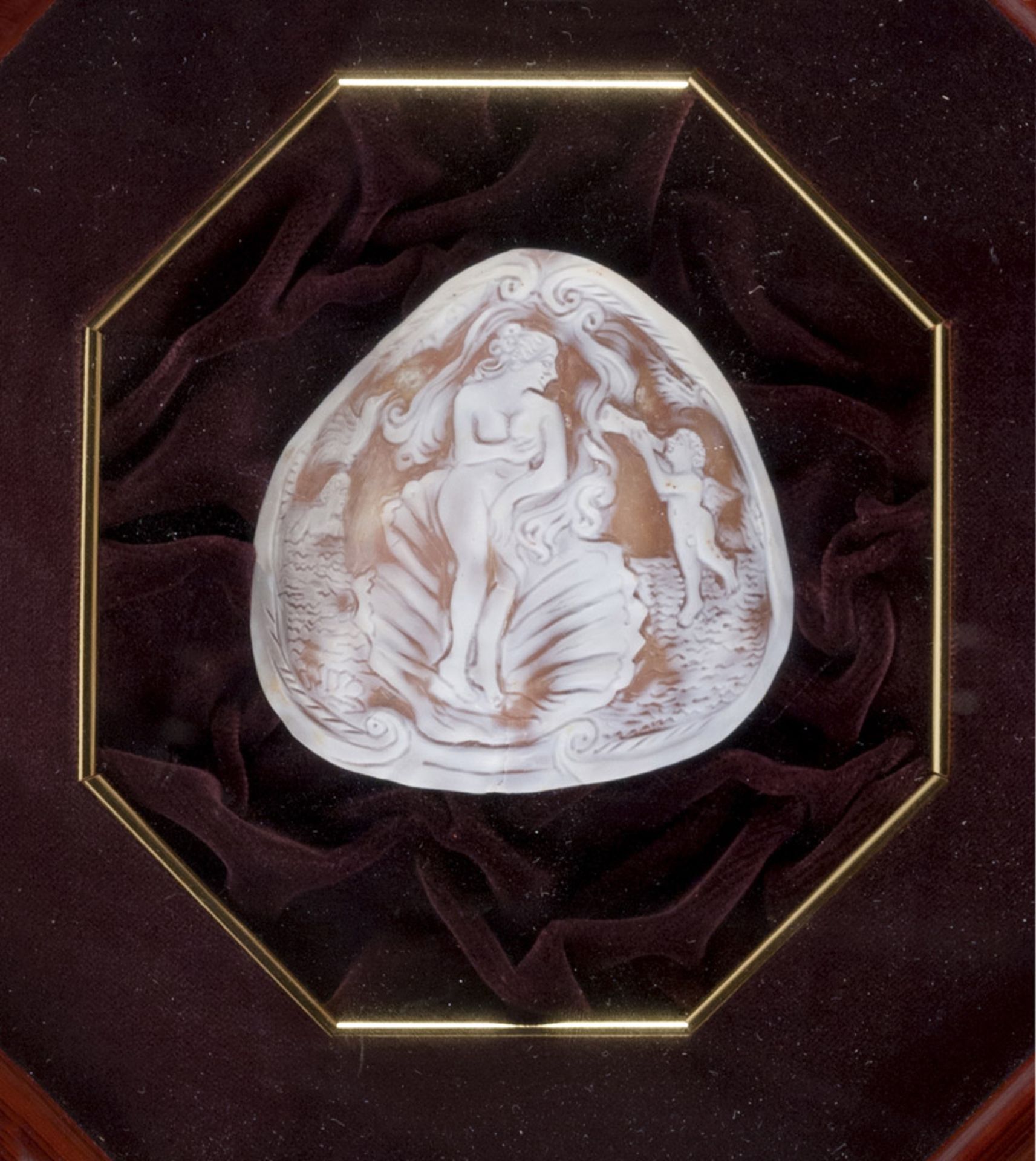 TWO DECORATED CAMEOS, EARLY 20TH CENTURY representing 'Two women' and 'Birth of Venus.' Measures cm.