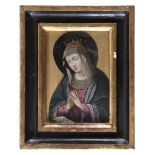 Flemish painter, 17th century Virgin in prayer Oil on shaped copper, cm. 16 x 11 Inscriptions on the