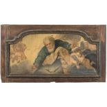 UNKNOWN PAINTER, 19TH CENTURY The creator with cherubs Oil on canvas modanata, cm. 38 x 86 Oak