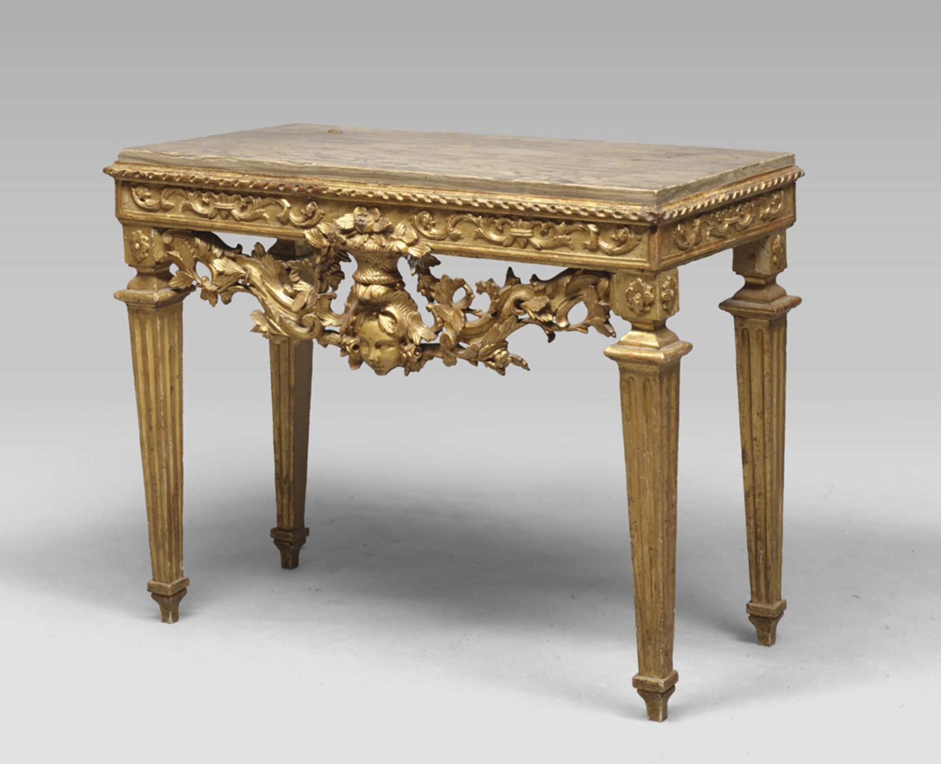 Small gold-plated console with veined Aquitania gray marble top, northern Italy, late 18th