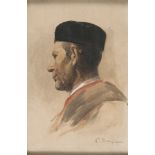 Augusto Bompiani (Rome 1852 - 1930). Male profile with headdress. Watercolor on cardboard, cm. 50