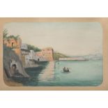 NEAPOLITAN PAINTER, LATE 19TH CENTURY DONN'ANNA PALACE VIEW WITH BOAT AND FIGURES Watercolor on