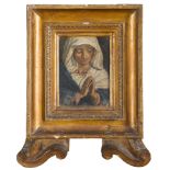 ITALIAN PAINTER, 19TH CENTURY PRAYING VIRGIN Oil on oval cardboard, cm. 15 x 10,5 Ornaments in glass