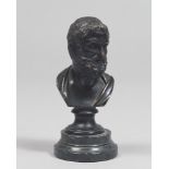 Burnished bronze Homer's bust with green marble base, 19th century. h. cm. 15. BUSTO DI OMERO IN