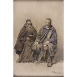 Augusto Bompiani (Rome 1852 - 1930). Friar reads the breviary to a hiker. Watercolor on cardboard,