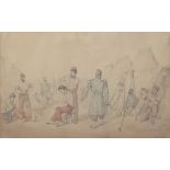 French painter, late 19th century. Genre scenes in Soldier Camps. Color pencils on paper, cm. 27 x