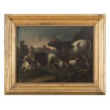 CAJETAN ROOS, att. A (Rome 1690 - Vienna 1770) LANDSCAPE WITH COW, SHEES AND GOATS Oil on panel, cm.