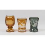 THREE GLASS BIKES, PROMPTLY BOEMIA BEGINS XX CENTURY amber and green, engraved with landscapes