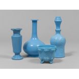 TWO OPALINE BOTTLES AND TWO VASES, 20TH CENTURY in the bottom blue. One with flower decoration. Max.