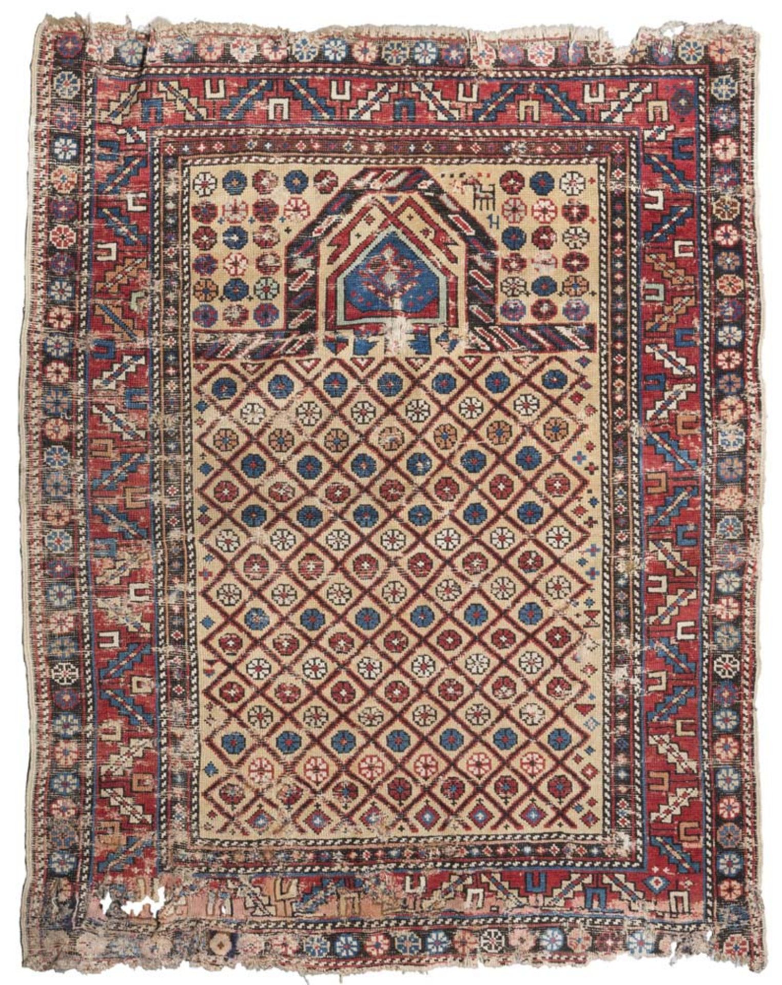 REMAINS OF SHIRWAN MARASALI CARPET, LATE 19TH CENTURY with flowers in the middle field with a yellow