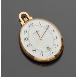 POCKET WATCH, BRAND ENICAR with yellow gold case 18 kt. oval shape. White enamel dial with Arabic