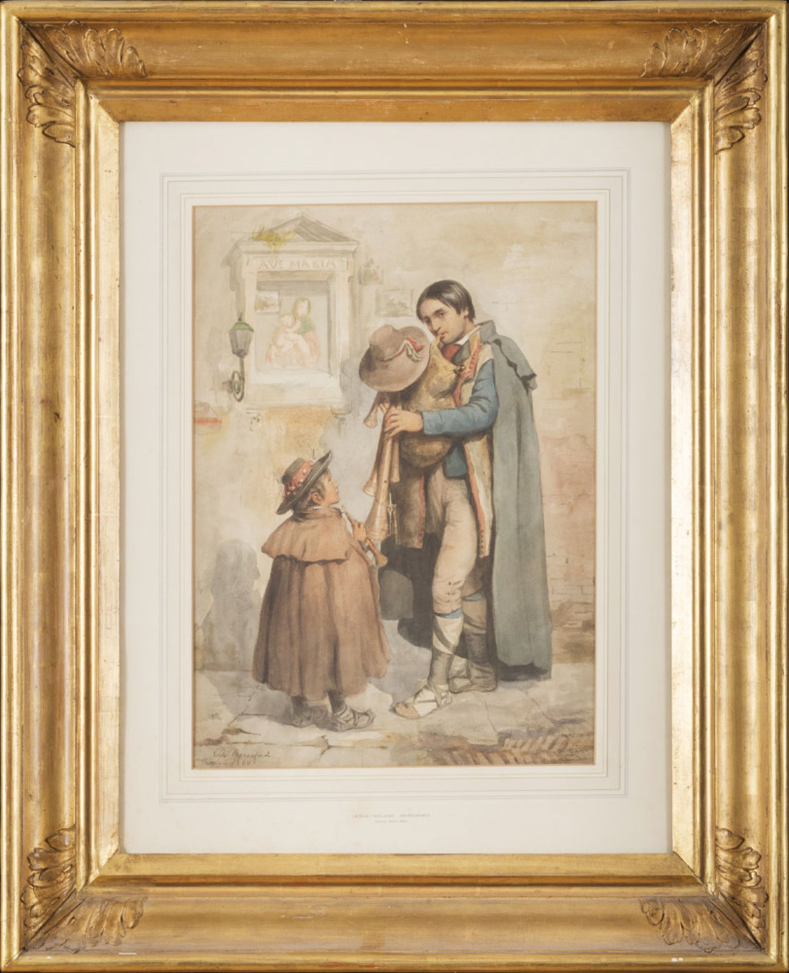 FRENCH ENGRAVER, MID 20TH CENTURY BAGPIPERS Colored print, cm. 47 x 33 Signed 'C. M. Beresford, Rome