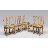 SIX WALNUT CHAIRS, 18TH CENTURY STYLE, 20TH CENTURY Measures cm. 102 x 51 x 46. SEI SEDIE IN NOCE