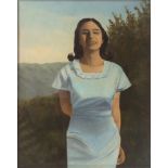 PITTORE ITALIANO, ANNI '70 Donna in paesaggio Olio su tela, cm. 50 x 40 Firma 'Salvadeo', in basso