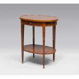 VIOLET WOOD SIDE TABLE, 20TH CENTURY of Louis XVI style, with oval top to a drawer. Legs obelisk.