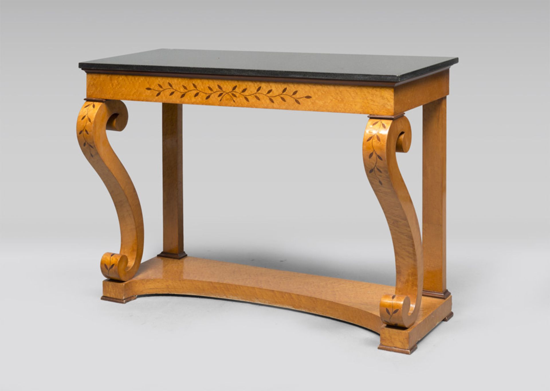 SMALL ELM-WOOD CONSOLE, CHARLES X PERIOD with inlays leaves in violet ebony. Black marble of Belgium