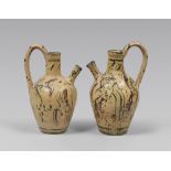 TWO EARTHENWARE PITCHERS, SOUTH ITALY 19TH CENTURY yellow enamel with green and brown dots. Measures