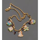 NECKLACE in yellow gold 18 kt., chain pattern with five enamelled pendant pendants of various