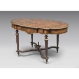 A SPLENDID INLAYED TABLE, FRANCE PERIOD NAPOLEON III in walnut and walnut root, with wood inlays
