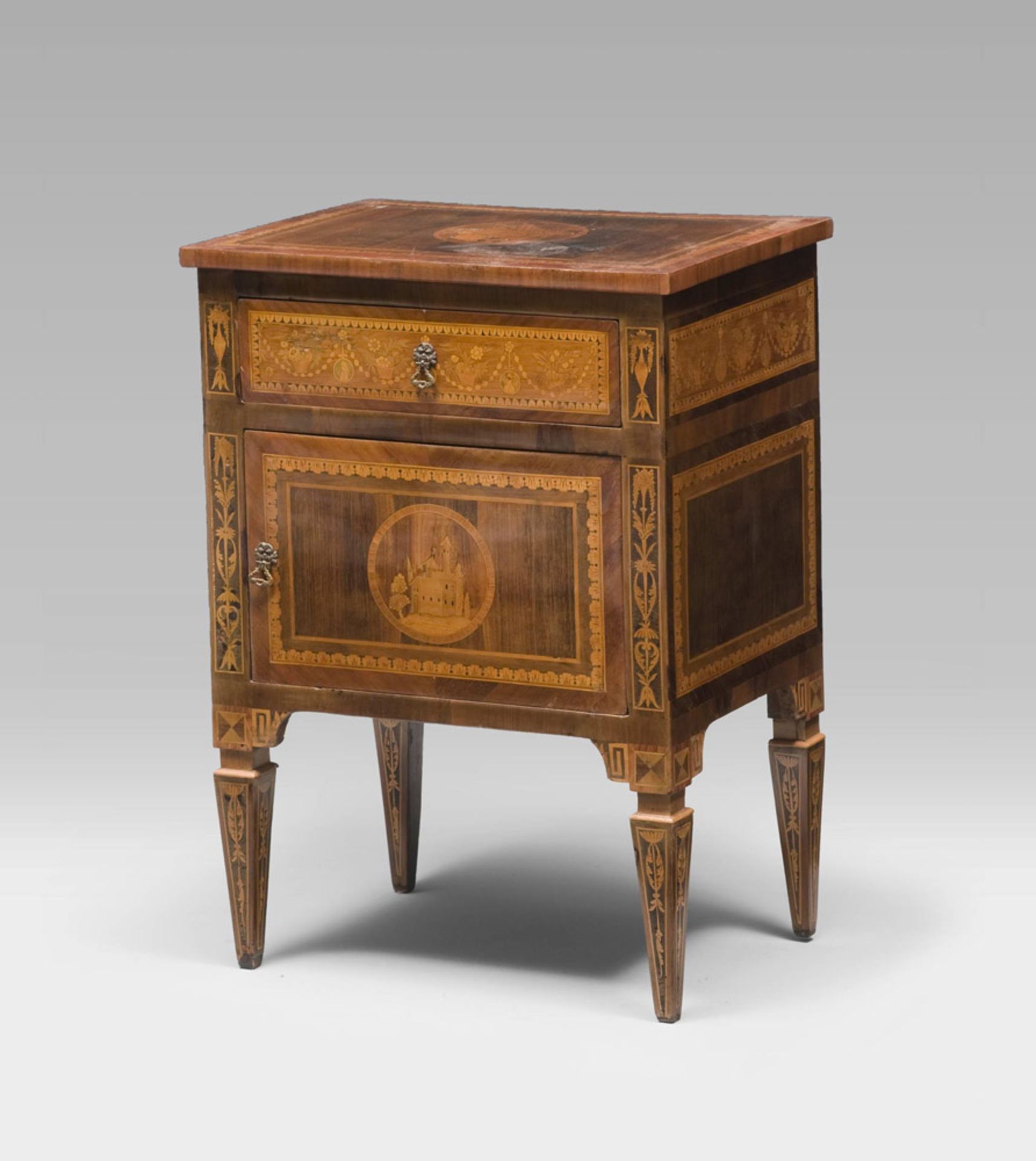 LOMBARDIAN COMMODE, LOUIS THE 16TH PERIOD Ebony veneer with maple tree, amaranth and fruit tree