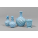 THREE BOTTLES AND AN OPALINE VASE, 20TH CENTURY with blue ground. Max. size cm. 19 x 13. TRE