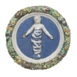 MAIOLICA BAS-RELIEF, EARLY 20TH CENTURY Measures cm 34 x 8,5 Lacks and defects TONDO IN MAIOLICA,