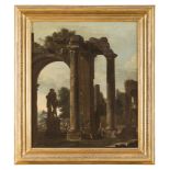 ROMAN PAINTER, SECOND HALF OF 17TH CENTURY LANDSCAPE WITH RUINS WAYFARERS AND AND STATUE OF HERCULES