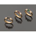 THREE RINGS in yellow gold 18 kt., with ruby, emerald, sapphires and six diamond. diamond ct. 0.70