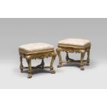 A PAIR OF GILT WOOD STOOLS, ROME LOUIS THE 16TH PERIOD Measures cm. 52 x 55 x 44. RARA COPPIA DI