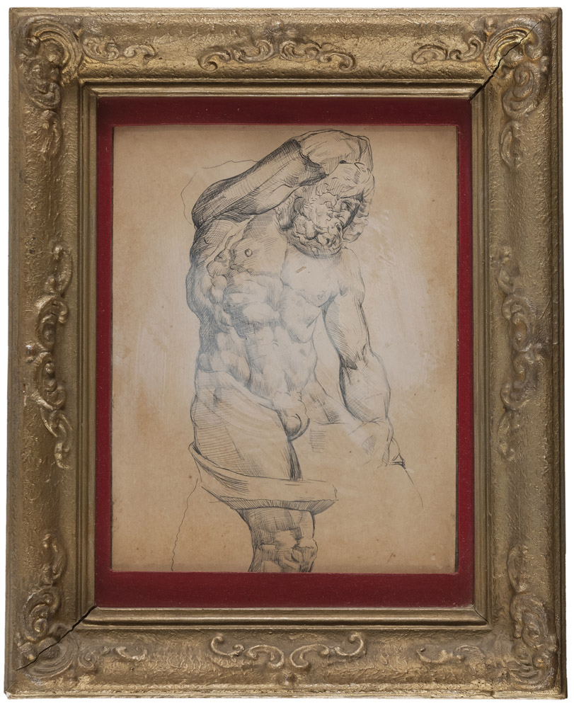 ITALIAN PAINTER, 19TH CENTURY HERCULES Pen on paper, cm. 26 x 20 giltwood Frame PITTORE ITALIANO,