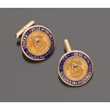 RARE COUPLE OF CUTTING GEMS in yellow gold 14 kt., circular pattern with blue enamel and decorated