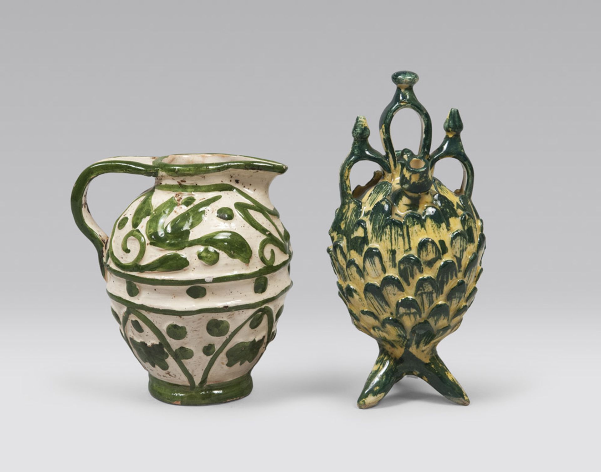 TWO SMALL MAJOLIC PITCHERS, SOUTH ITALY LATE 19TH CENTURY yellow and green enamel, one with