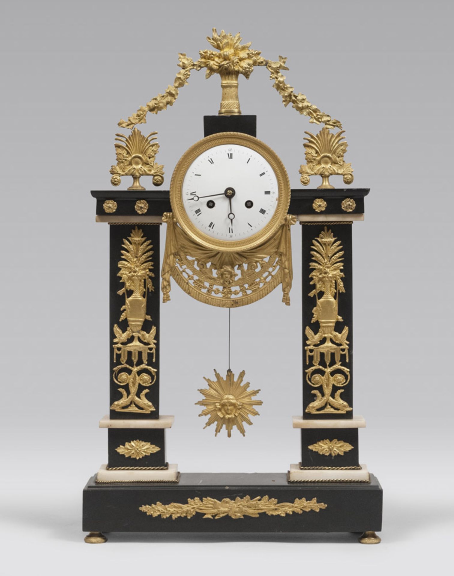 TABLE CLOCK, PROBABLY FRANCE END OF LOUIS THE 16TH PERIOD black and white marble, finishings in gilt