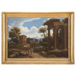 FRENCH PAINTER, SECOND HALF OF 17TH CENTURY LANDSCAPE WITH CLASSICAL ARCHITECTURE AND THE EPISODE OF