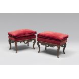 A PAIR OF WALNUT STOOLS, PROBABLY LOMBARDY, 18TH CENTURY Measures cm 48 x 60 x 38. RARA COPPIA DI