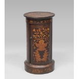 CYLINDER EBONY BEDSIDE, HOLLAND 19TH CENTURY inlays in elm and fruit trees. Measures cm. 72 x 39.