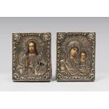 RUSSIAN PAINTER, 19TH CENTURY CHRIST PANTOCRATOR VIRGIN WITH CHILD Pair of oil icons on panel, cm.