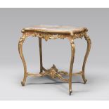 GILTWOOD CENTER-TABLE, 19TH CENTURY with marble lumachino top, within the frame. Legs and arched