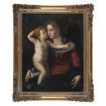 ITALIAN PAINTER, 19TH CENTURY MADONNA WITH THE CHILD AND AND BREVIARY Oil on copper, cm. 50 x 39 Not